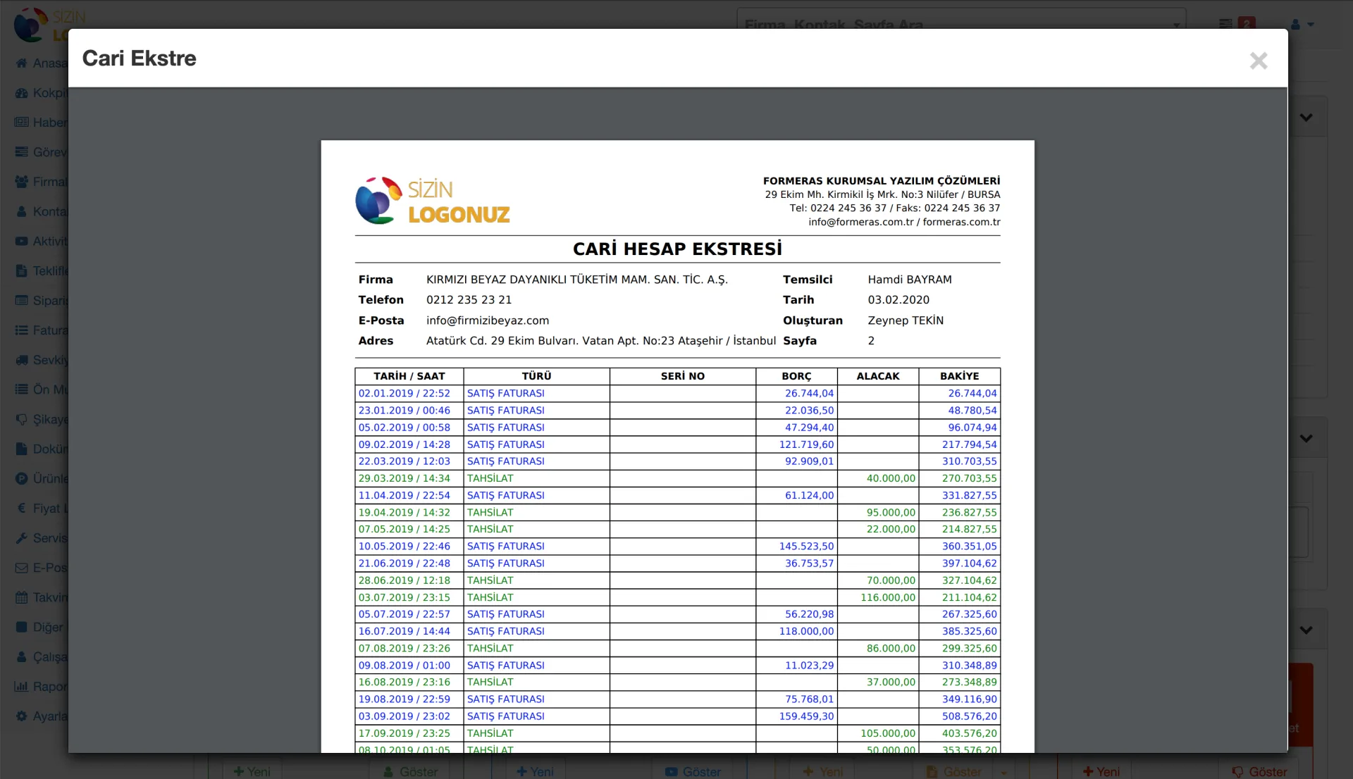 CRM'de Firma Cari Ekstre PDF Nedir?