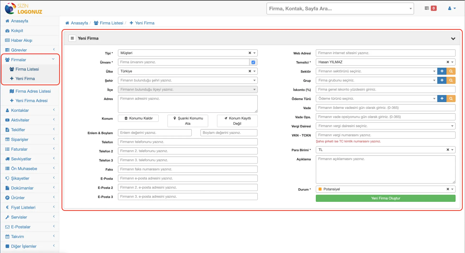 CRM'de Yeni Firma Nasıl Oluşturulur?