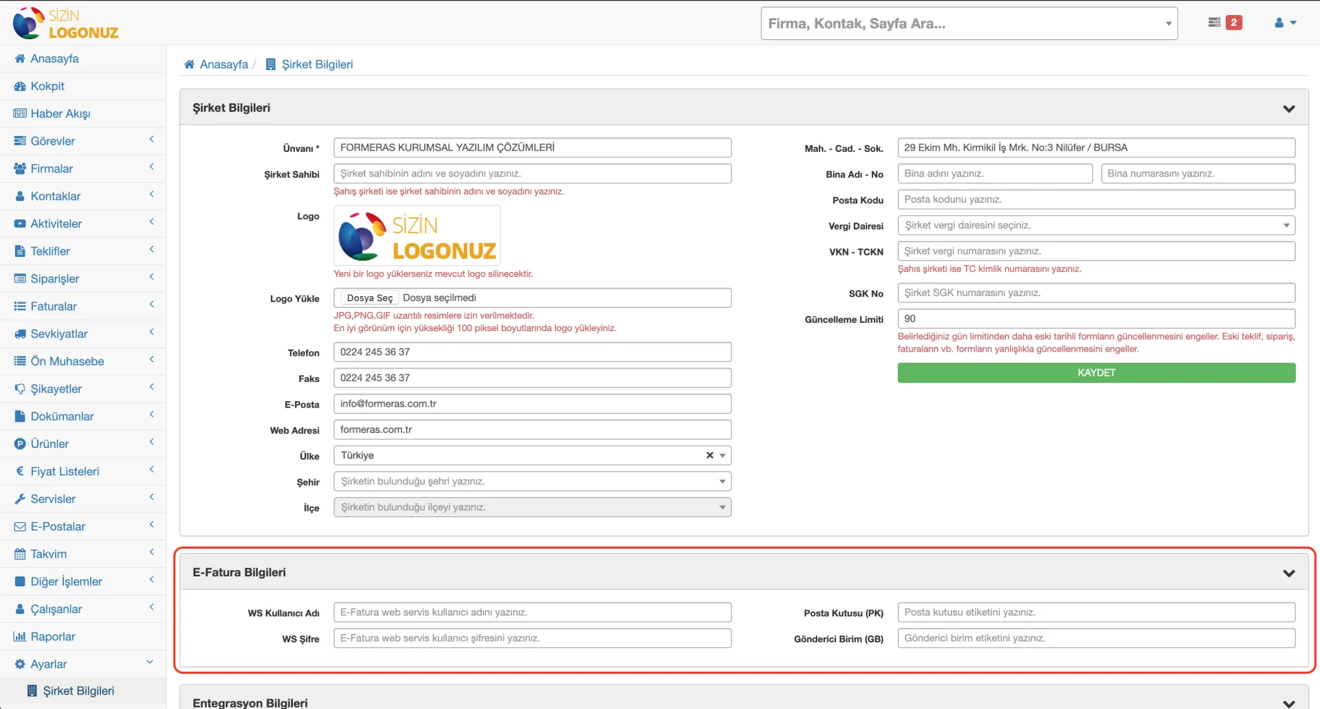 Formeras CRM şirket e-fatura bilgileri nasıl güncellenir?