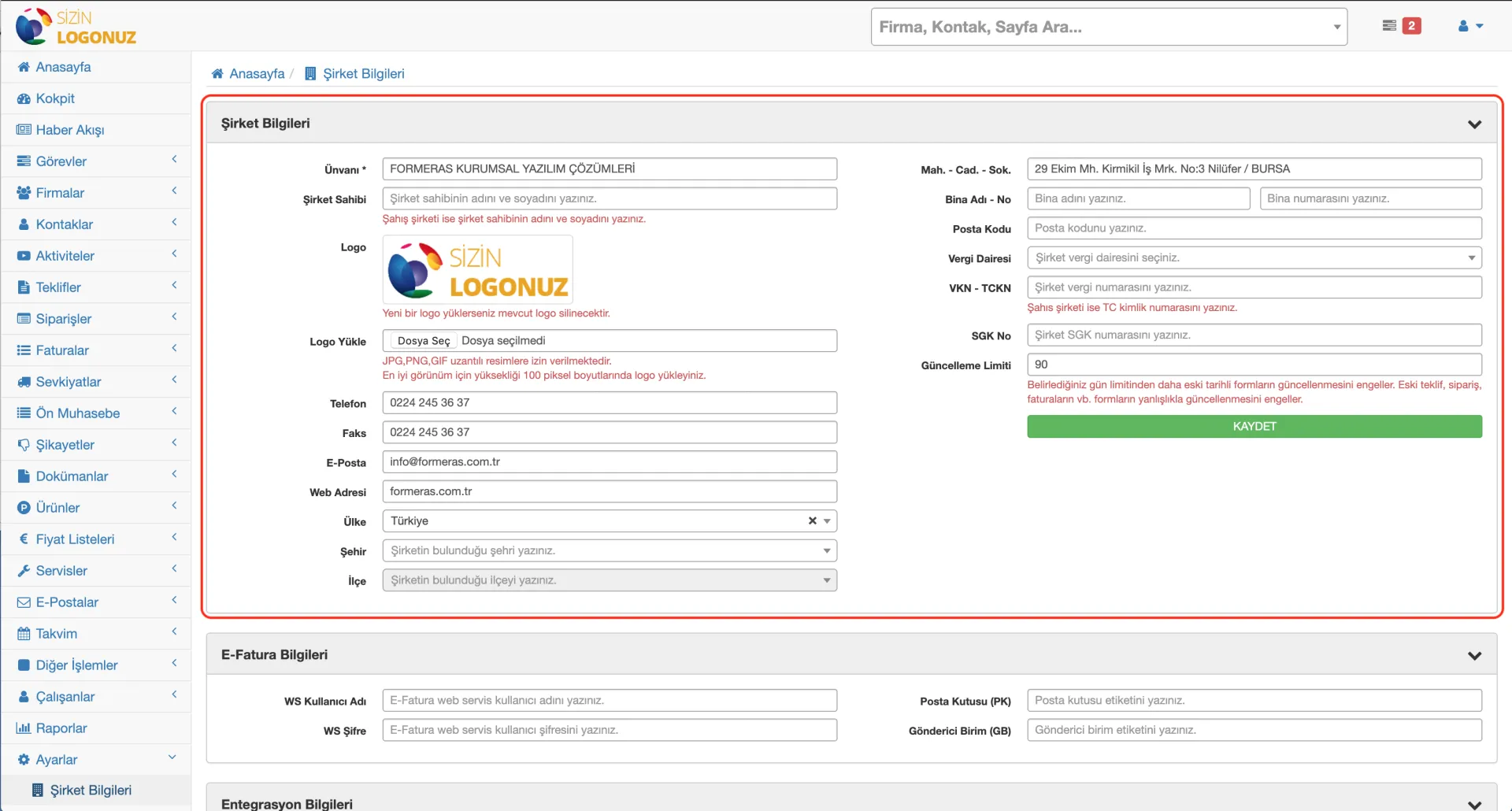 Formeras CRM şirket bilgileri nasıl güncellenir?