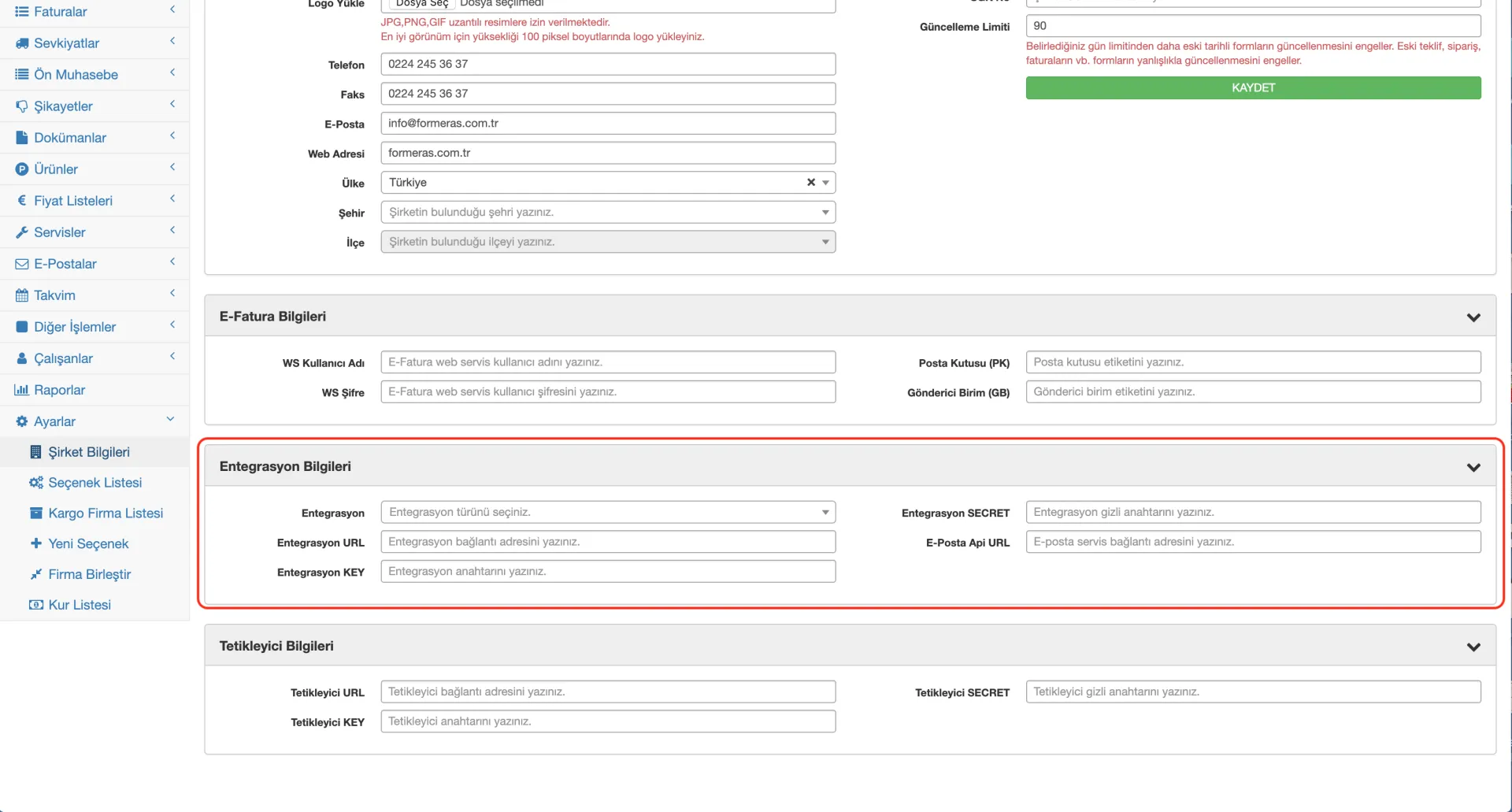 Formeras CRM şirket entegrasyon bilgileri nasıl güncellenir?