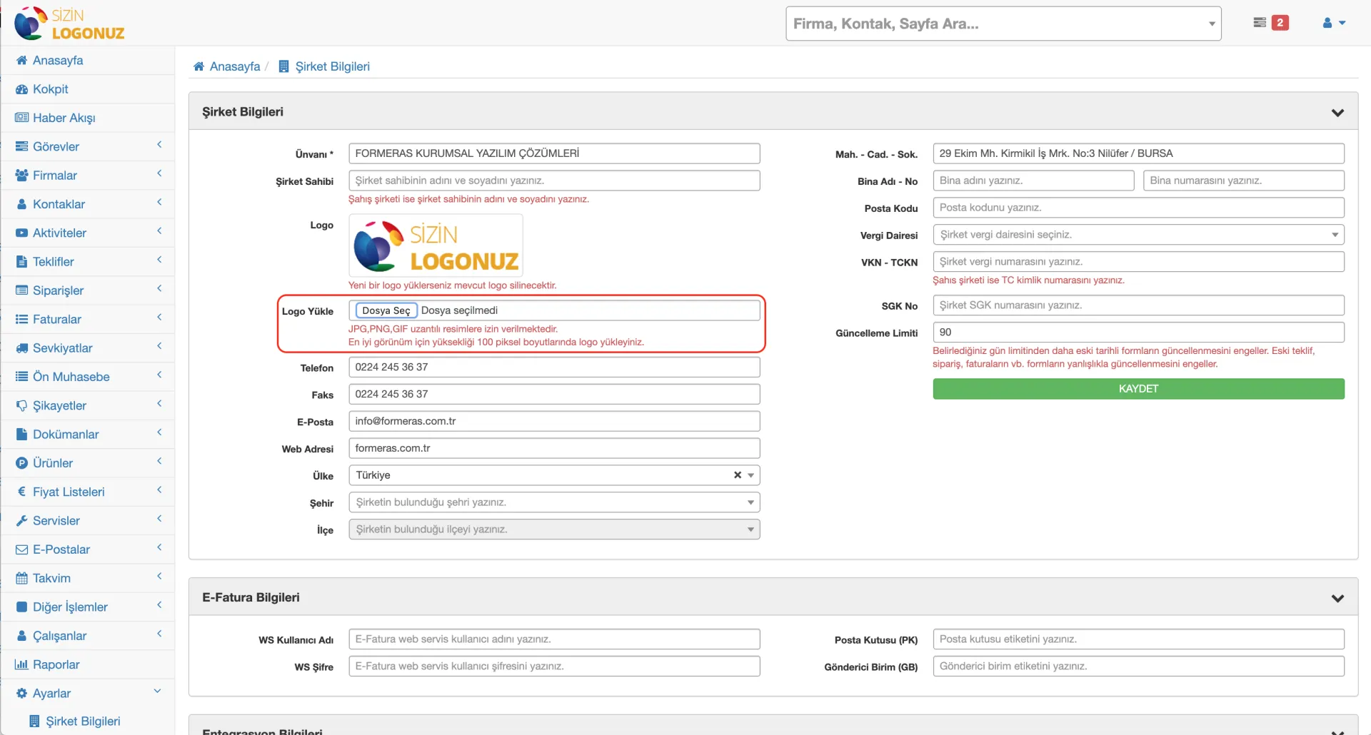 Formeras CRM şirket logosu nasıl güncellenir?