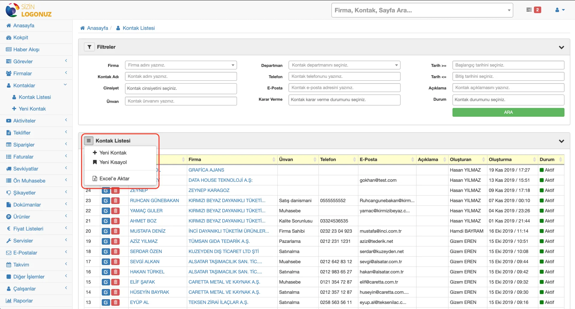 Formeras CRM Firma Üzerinden Yeni Kontak - Kişi Oluşturma 2