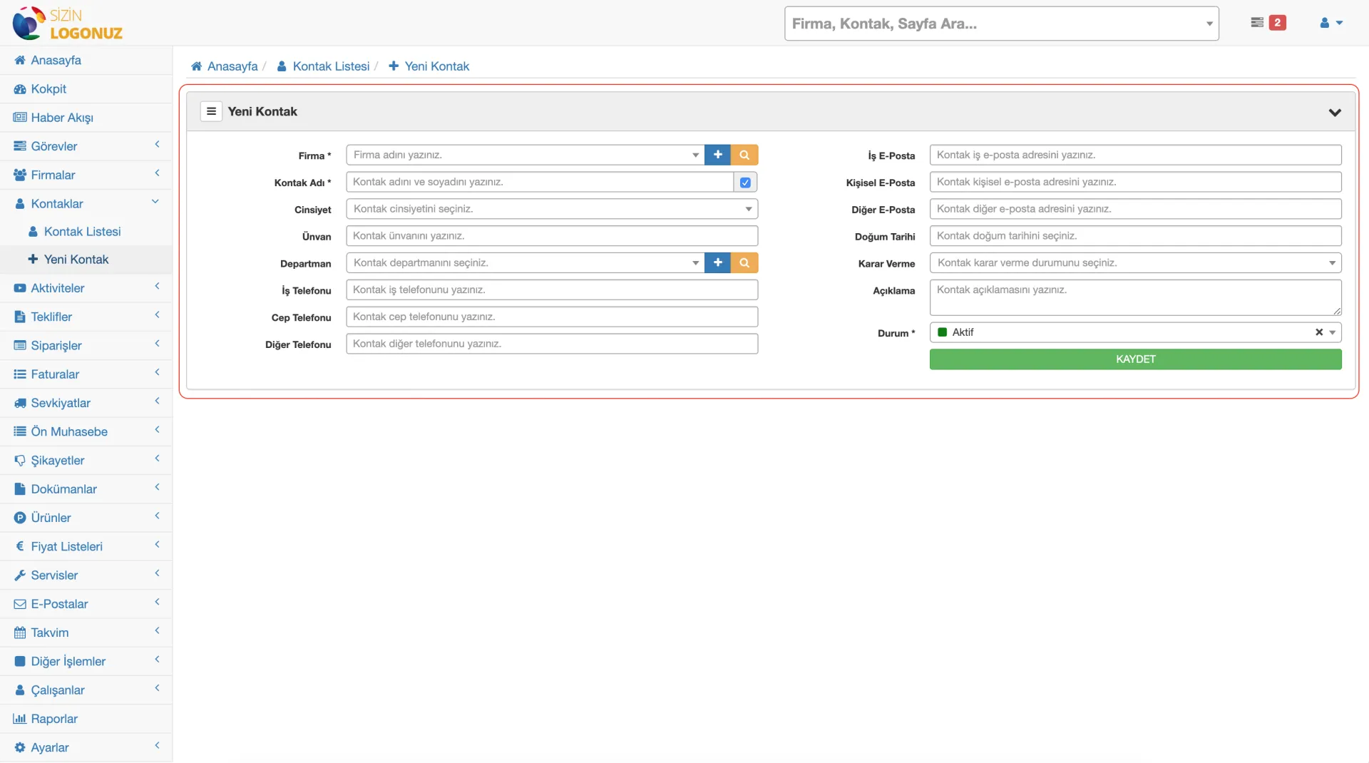 Formeras CRM Yeni Kontak - Kişi Oluşturma