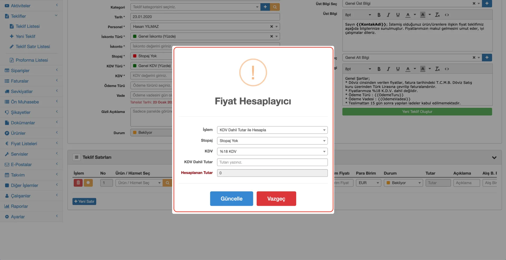 Formeras CRM Fatura Özel Hesaplama Yöntemi