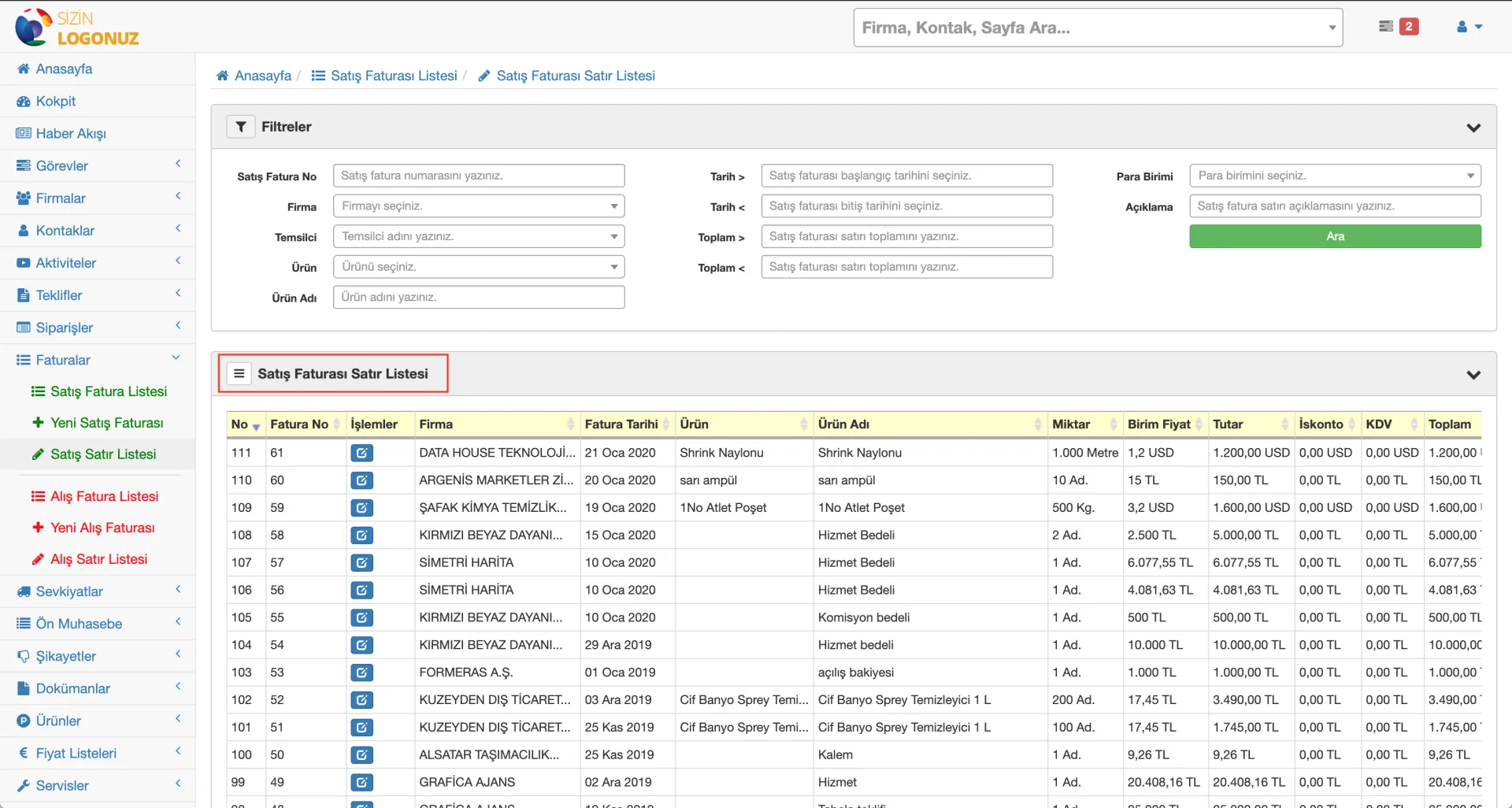 Formeras CRM Fatura Satırları Listesi