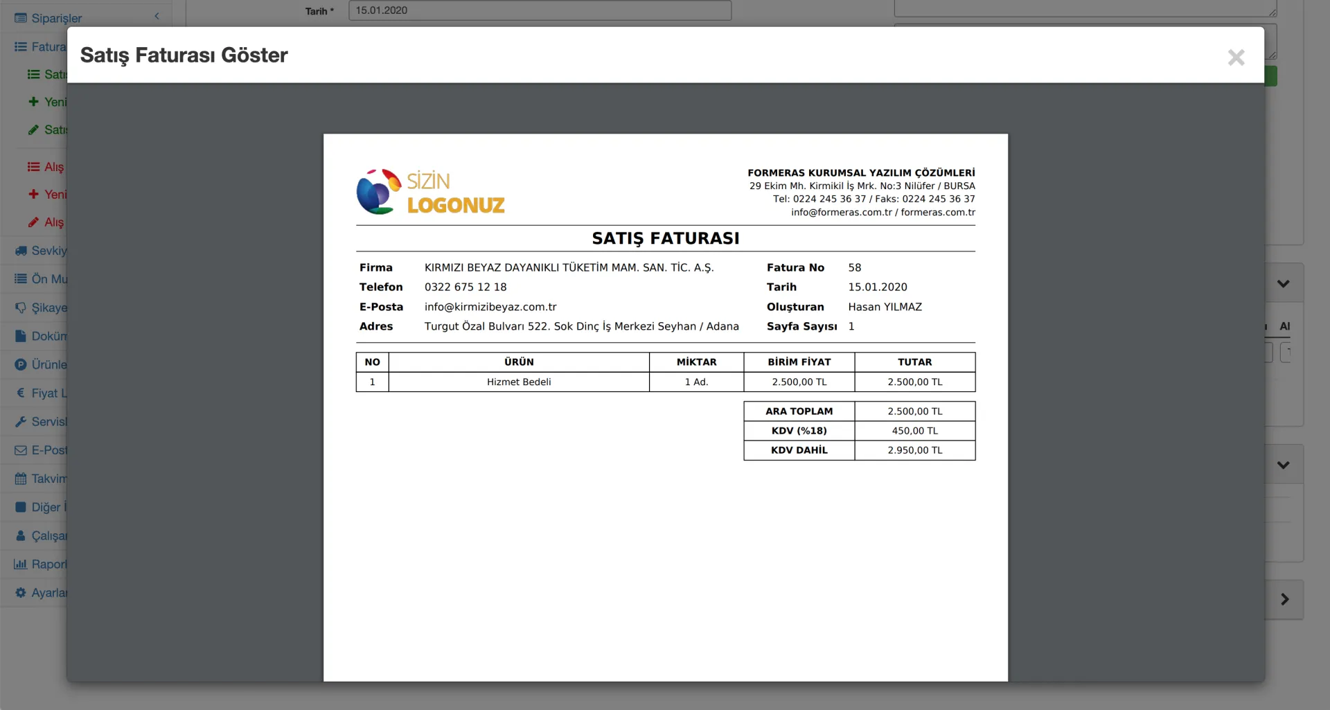 Formeras CRM Faturayı PDF Formatında Görüntülemek