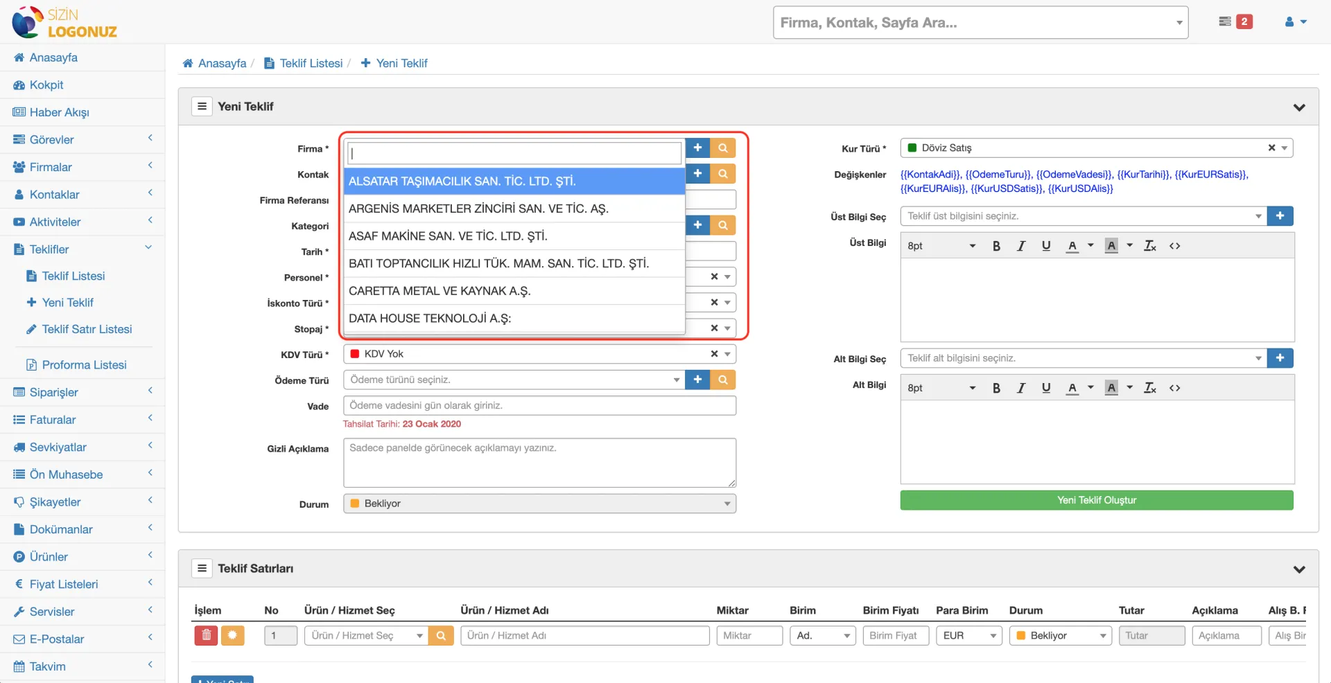 Formeras CRM Teklif Firma Seçimi