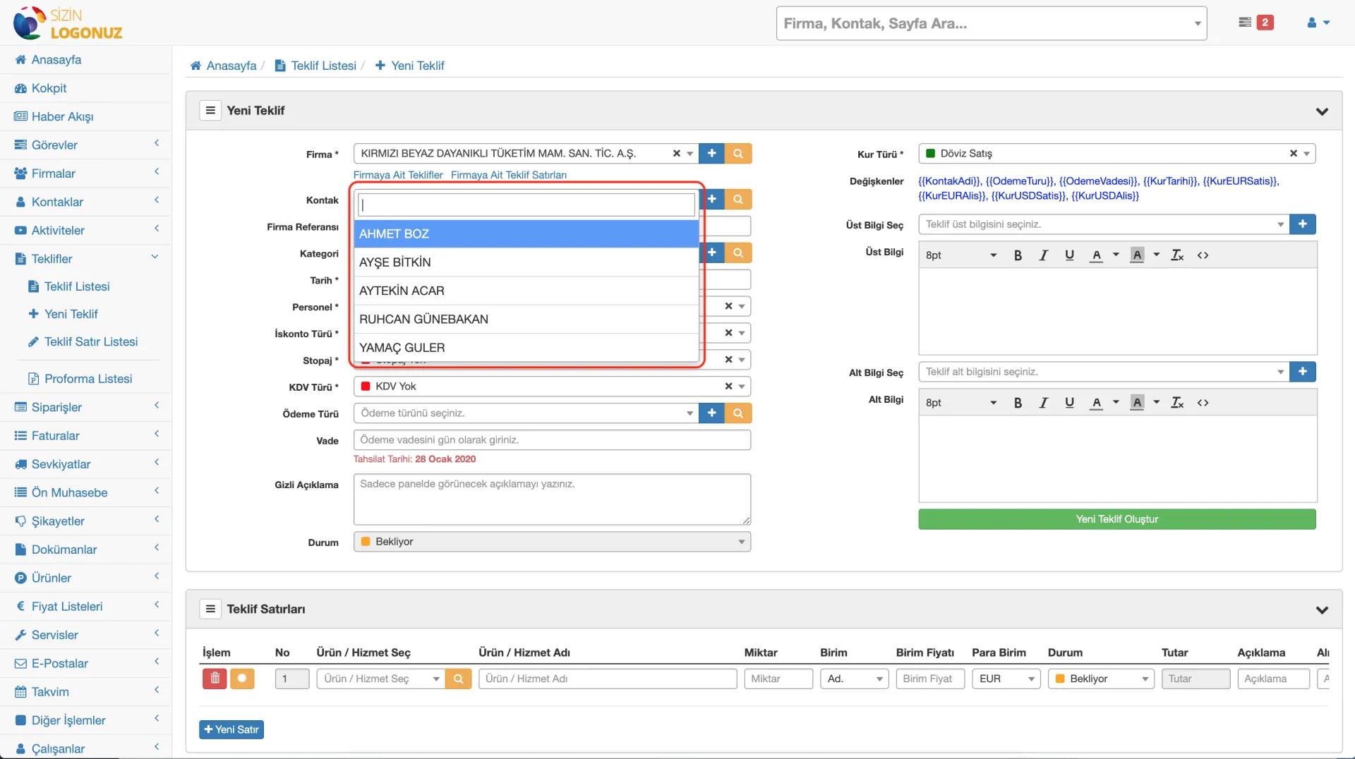 Formeras CRM Teklif Kontak - Kişi Seçimi