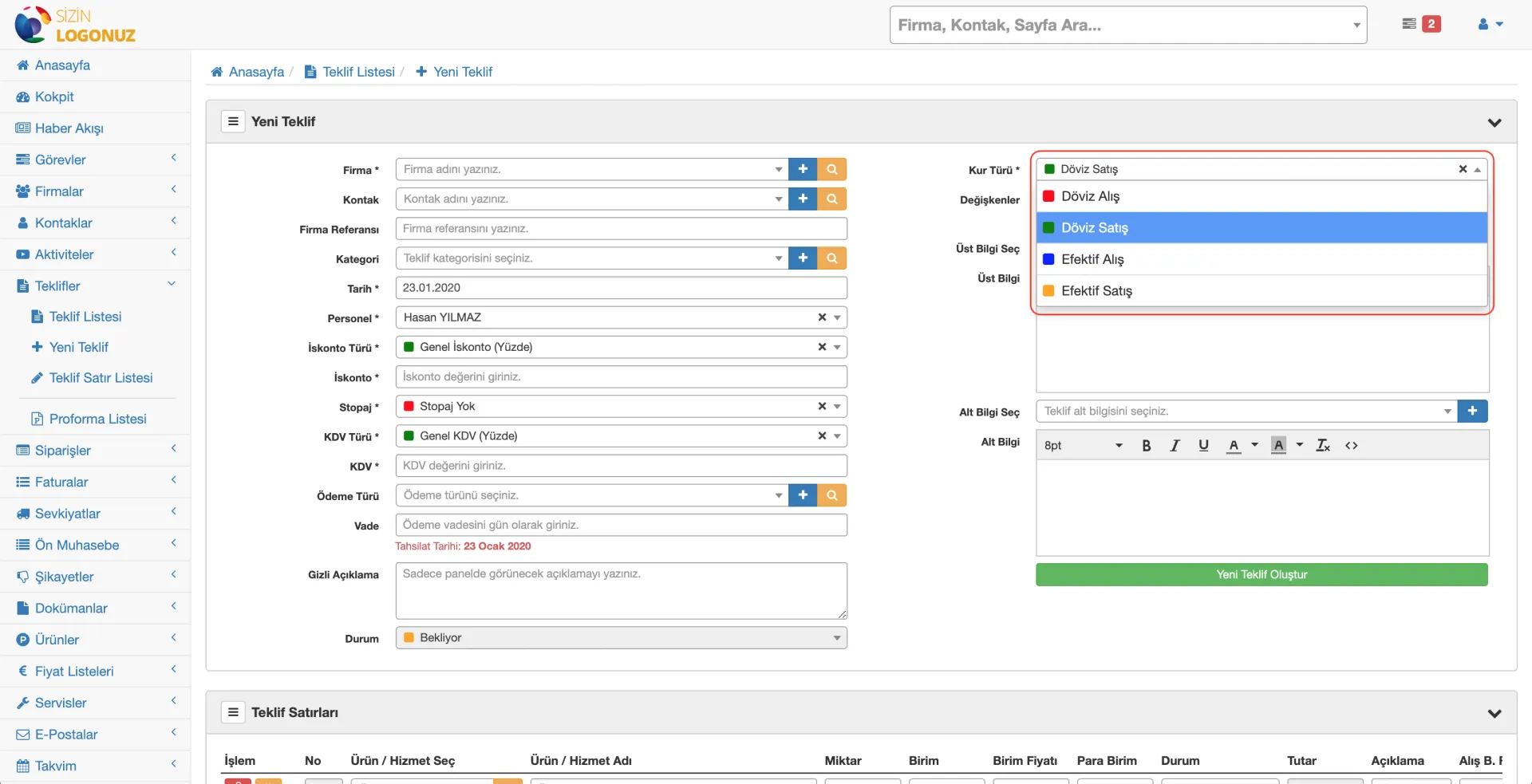 Formeras CRM Teklif Kur Türleri