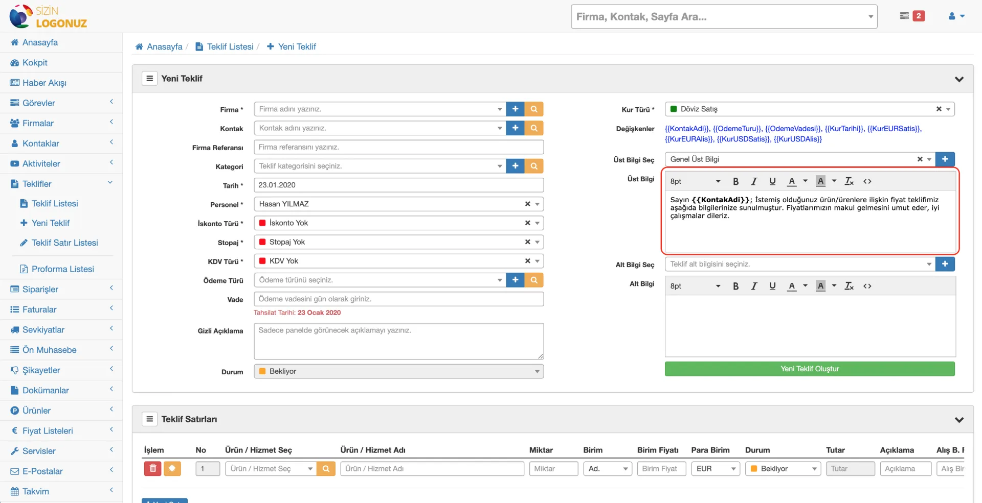 Formeras CRM Teklif Üst Bilgi Şablonları