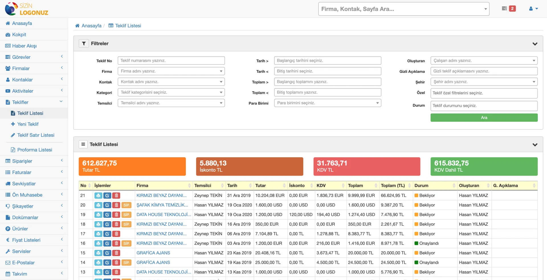 Formeras CRM Teklif Listesi