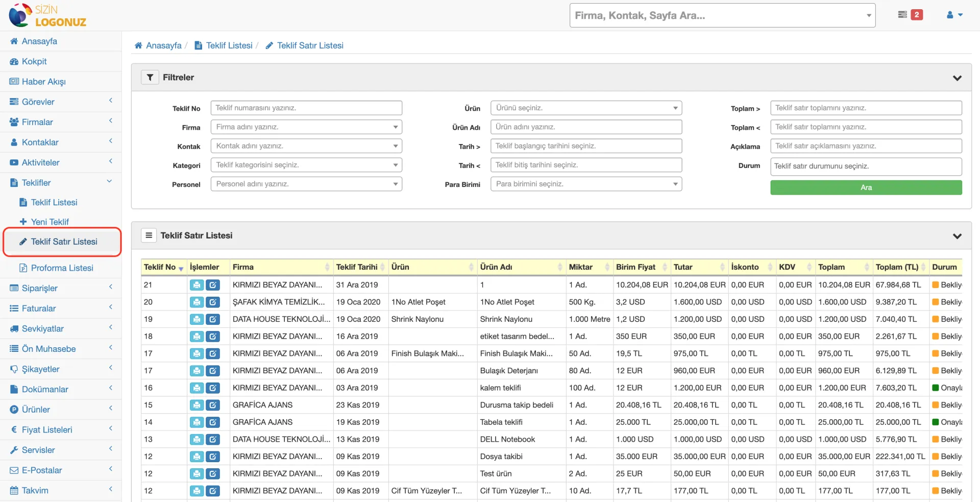 Formeras CRM Teklif Satırları Listesi