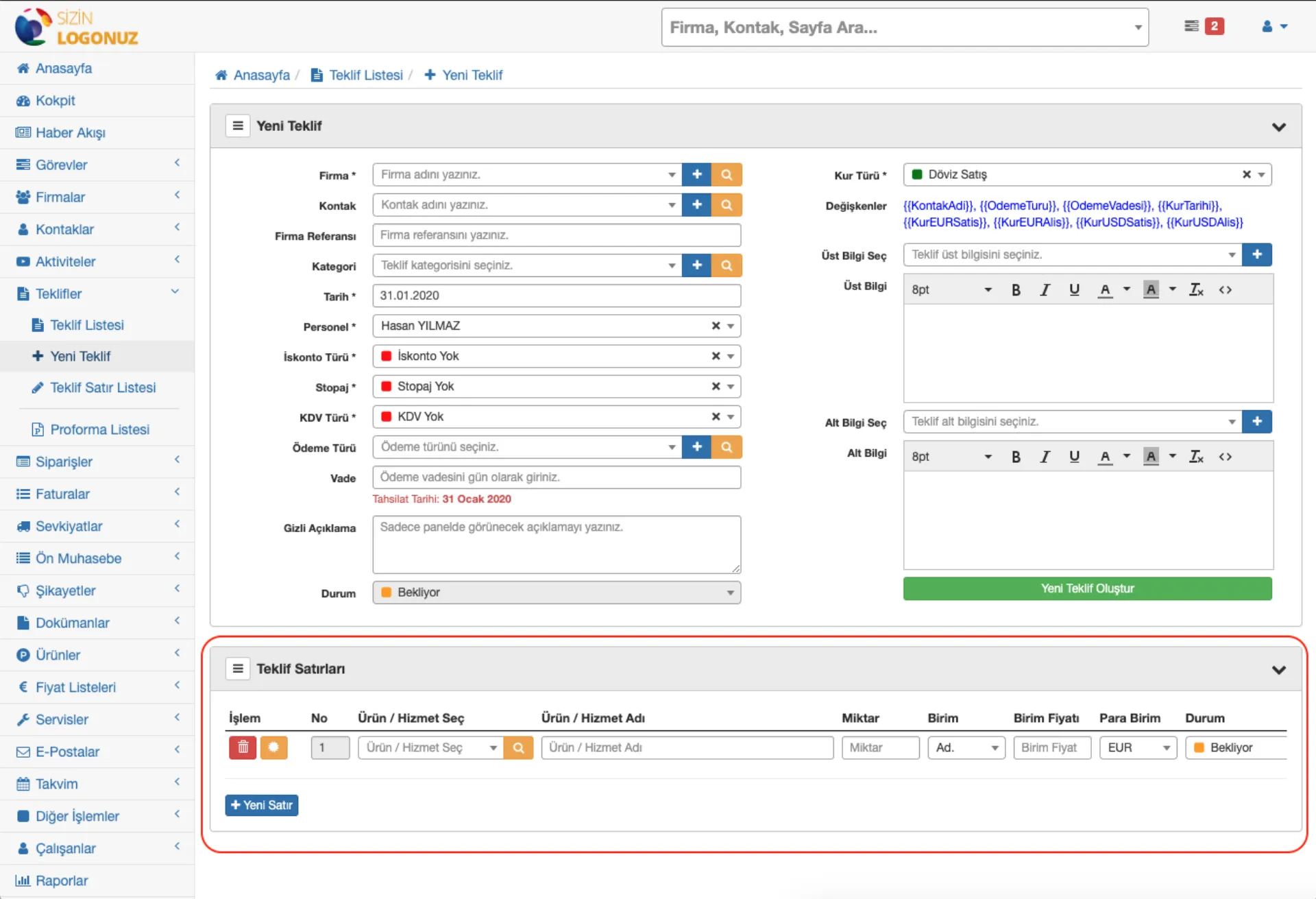 Formeras CRM Teklife Ürün - Hizmet Eklemek