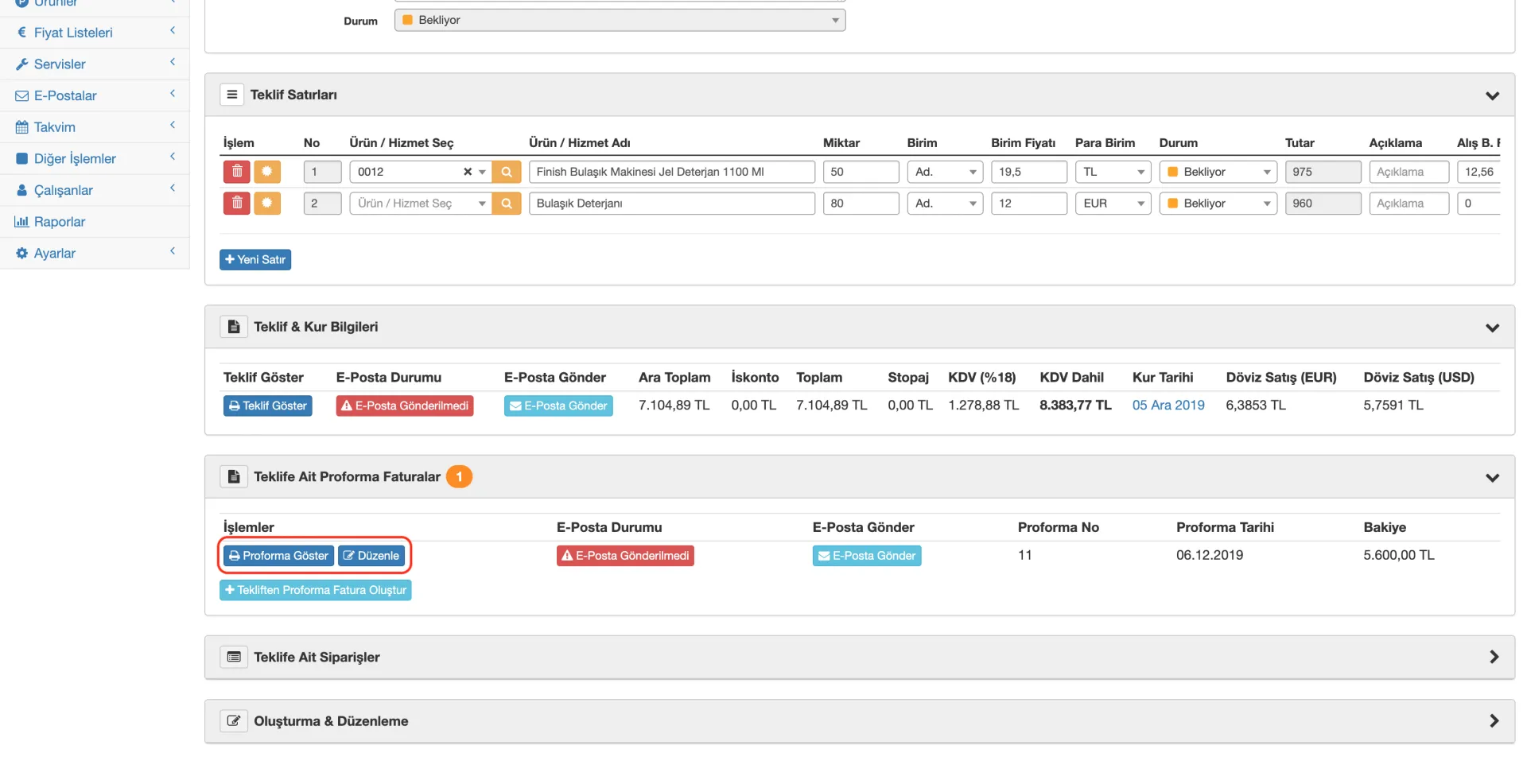 Formeras CRM Tekliften Proforma Fatura Oluşturma