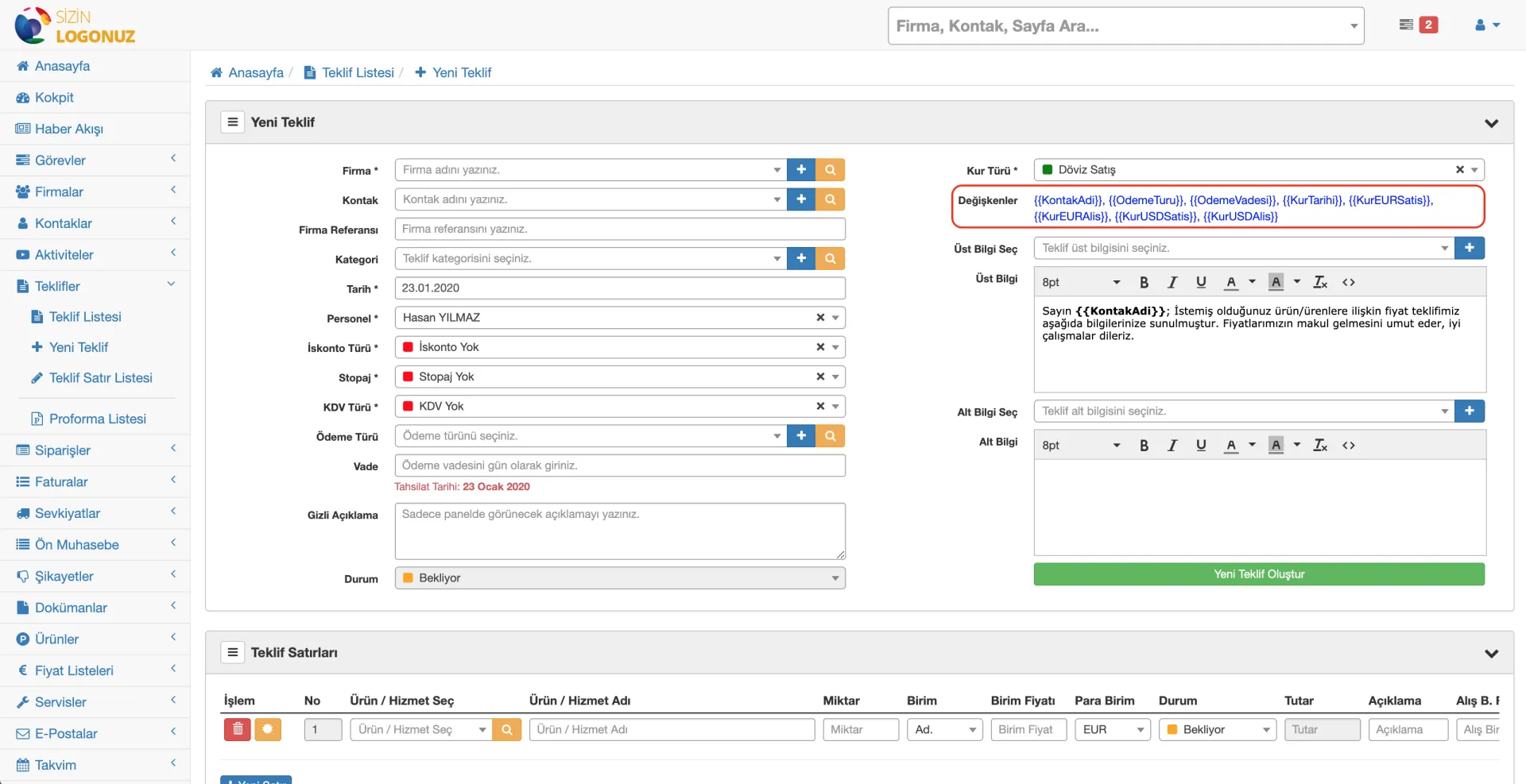 Formeras CRM Teklif Değişkenleri