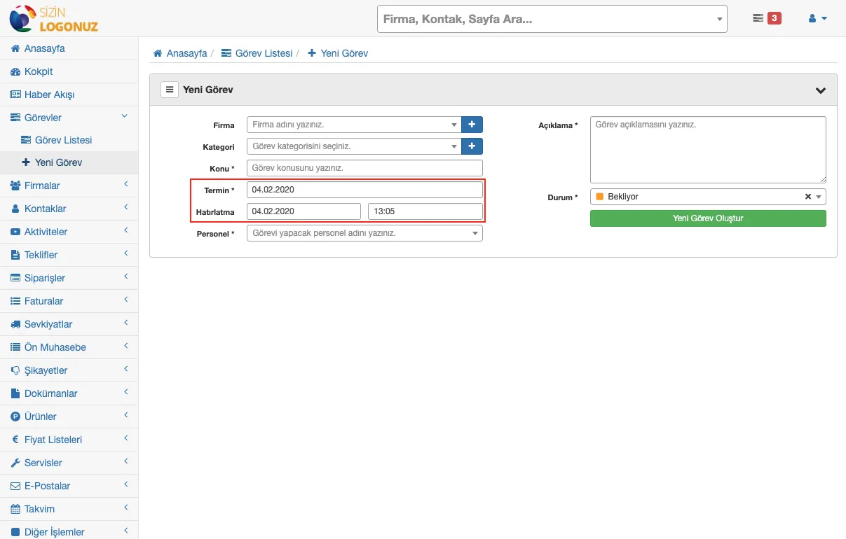 Formeras CRM Yeni Görev Termini ve Hatırlatma