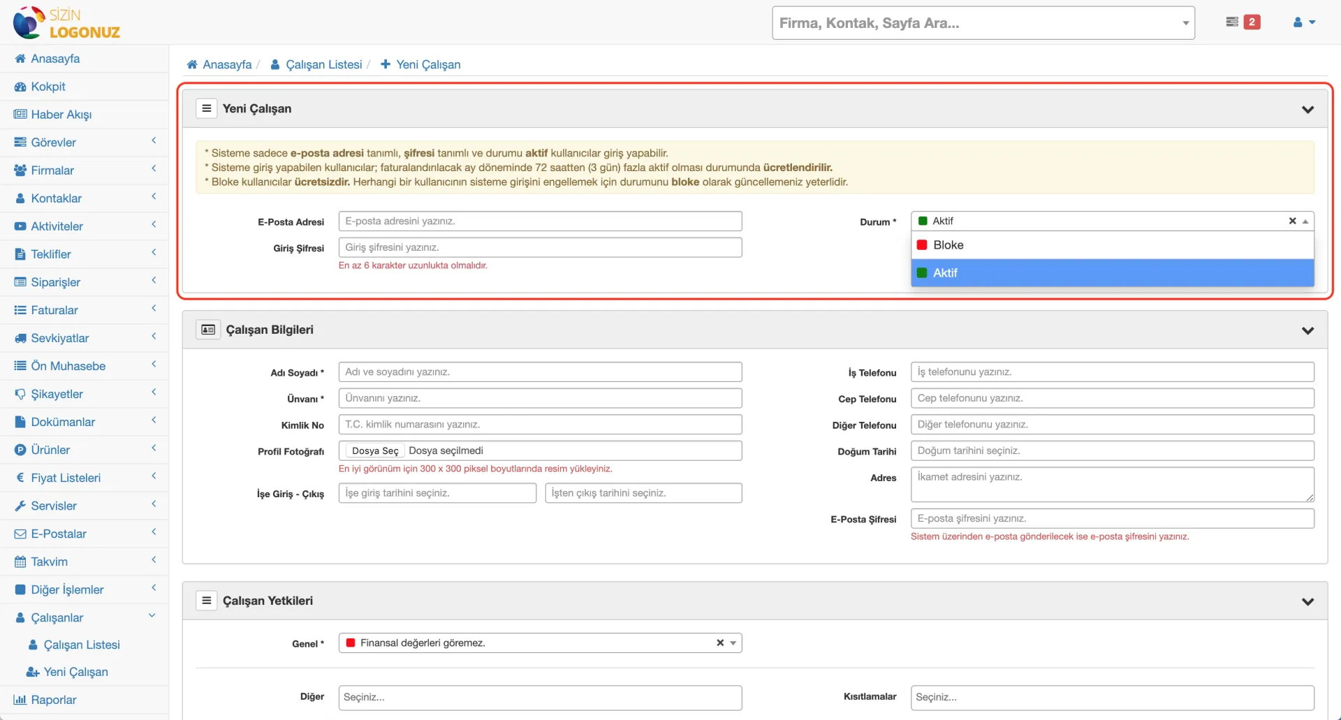 Formeras CRM Kullanıcı Durumları