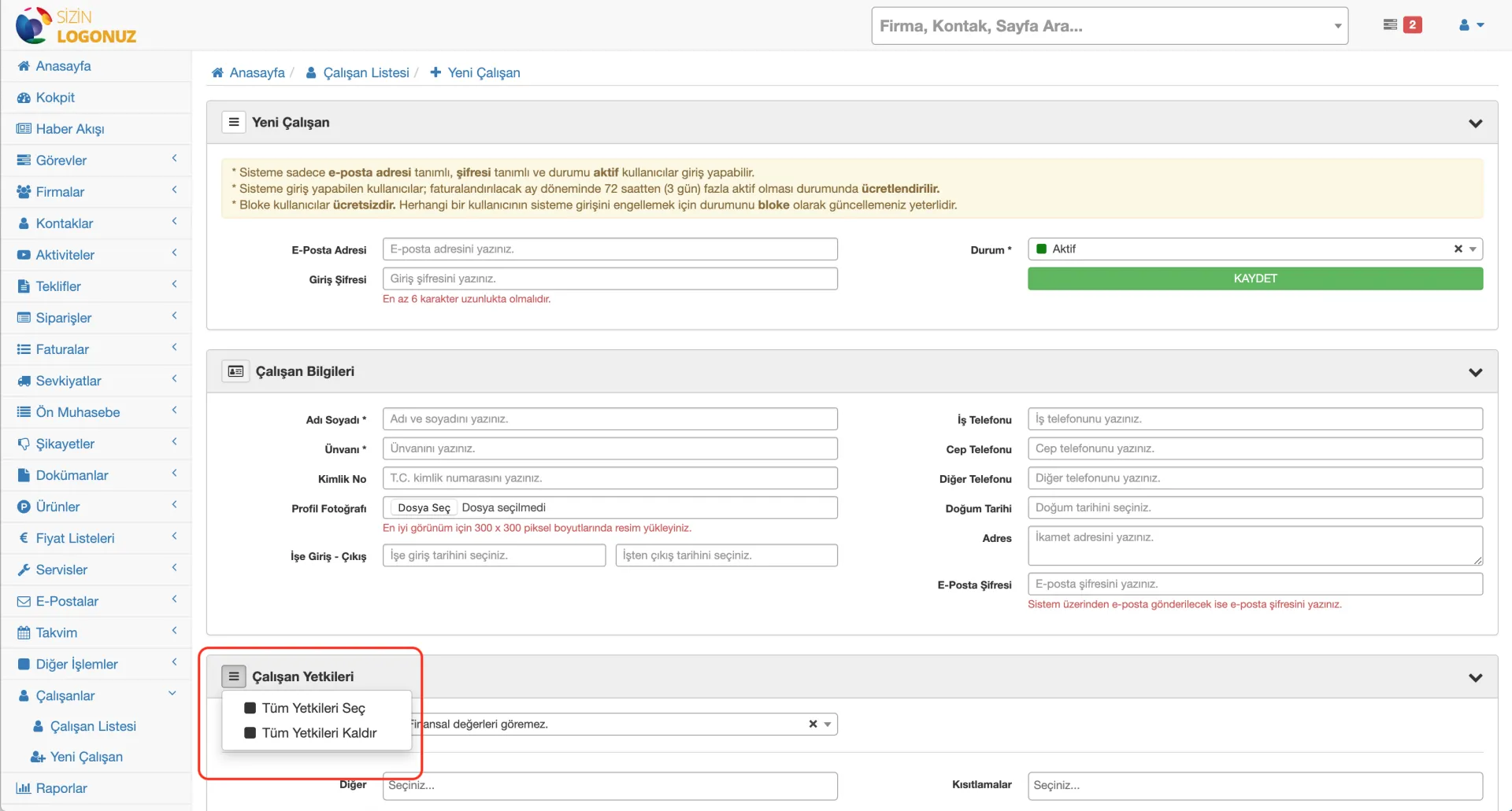 Formeras CRM Kullanıcılar Tüm Yetkileri Seç