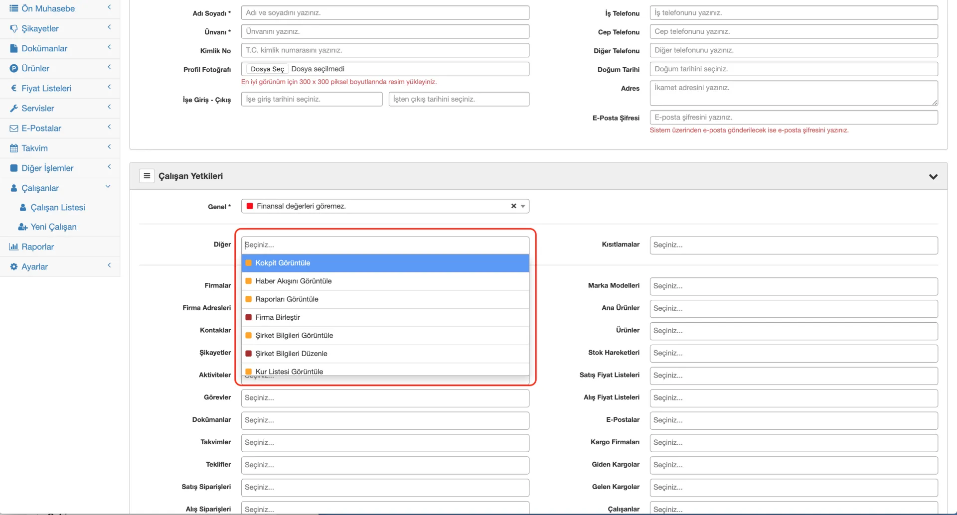 Formeras CRM Kullanıcılar Diğer Yetkiler