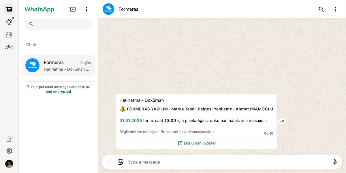 Formeras CRM Dokümanlar için WhatsApp CRM Entegrasyonu
