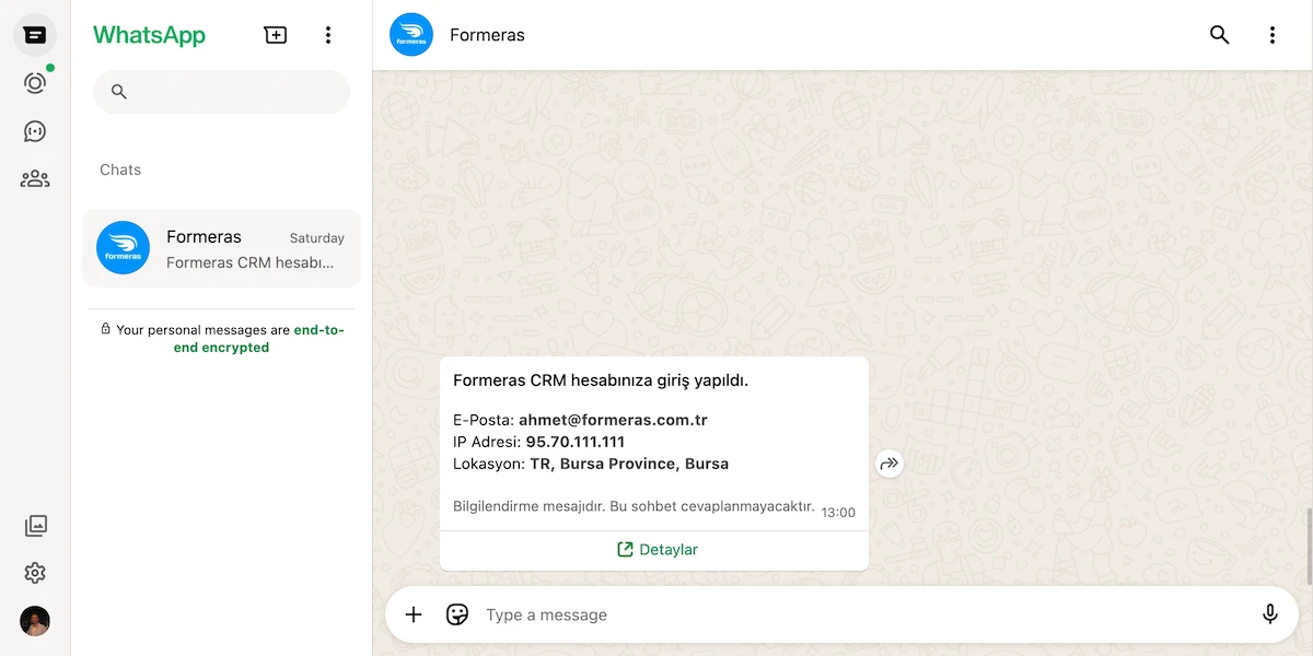 Formeras CRM Kullanıcı Girişleri için WhatsApp CRM Entegrasyonu